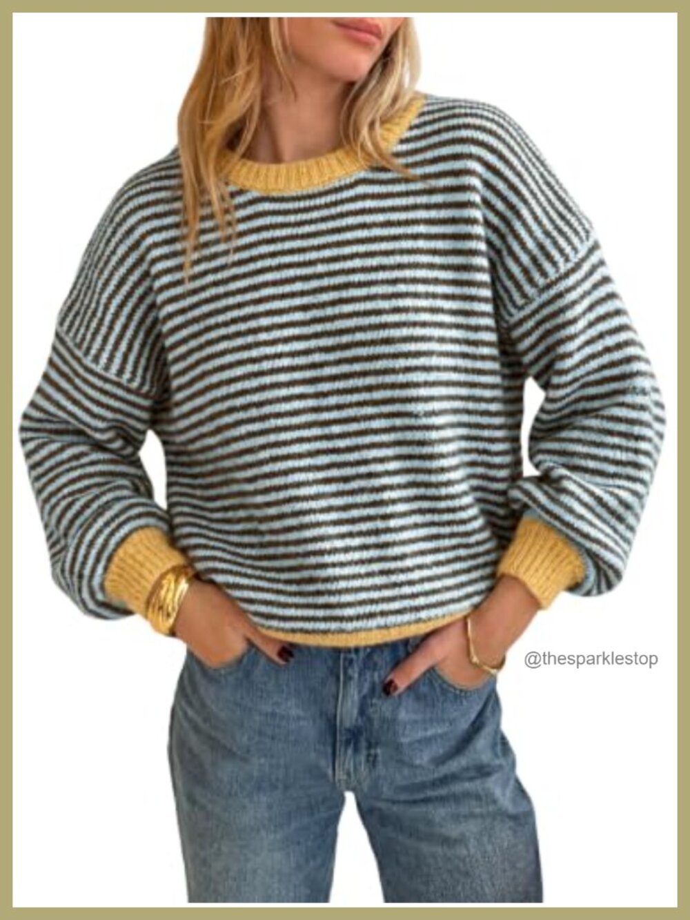 Striped Knit Pullover Sweater Loose Fit Crew Neck Color Block